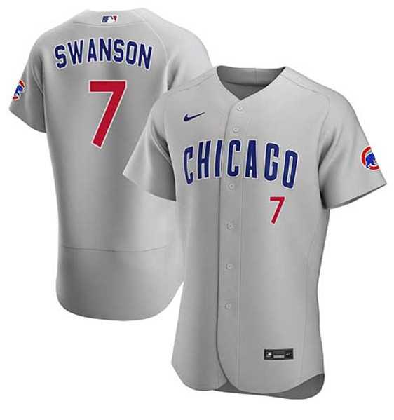 Men's Chicago Cubs #7 Dansby Swanson Gray Flex Base Stitched Baseball Jersey Dzhi